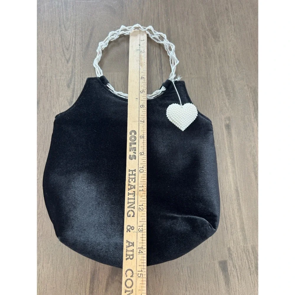 Victoria's Secret Black Velvet Evening Bag Beaded Ring Handle Pearl Heart Charm